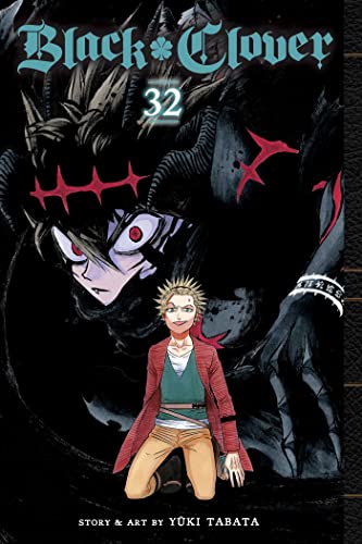 Black Clover volume 32 manga cover featuring a character kneeling before a dark shadow.