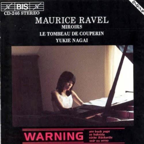 CD cover featuring a woman playing a piano, with text for Maurice Ravel.