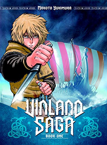 A blonde young man holds a knife with a Viking ship in the background.