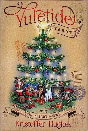 Yuletide Tarot" cover: Christmas tree with gifts, Santa, and winter scenes.