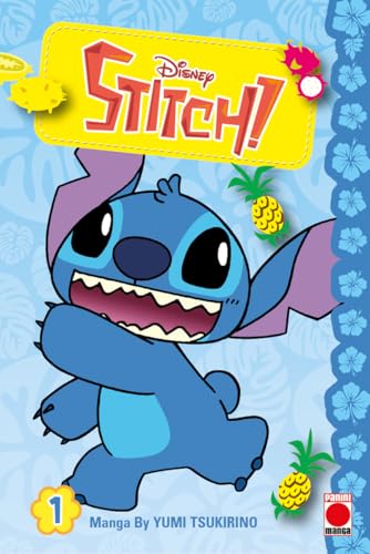 Stitch! Volume 1 manga cover featuring Stitch on a light blue hibiscus patterned background.