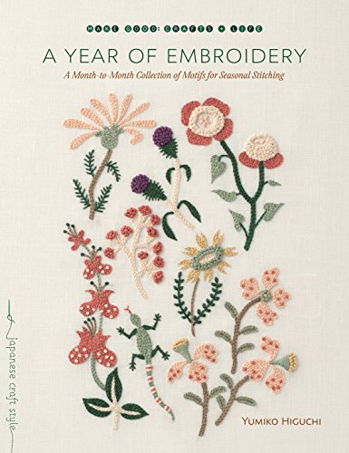 Book cover featuring various embroidered floral and animal motifs on a light fabric background.