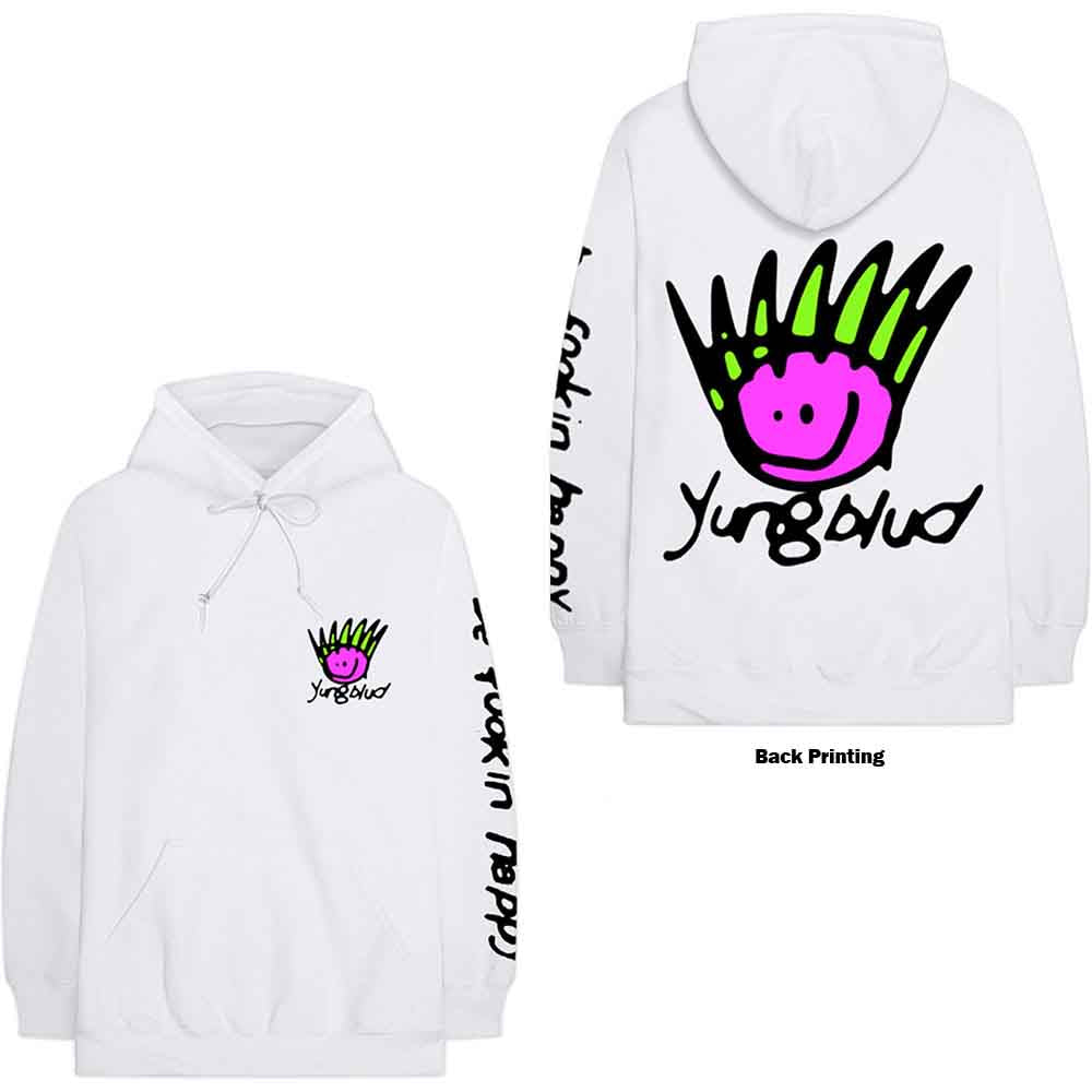White Yungblud hoodie with pink smiley face and green crown design.