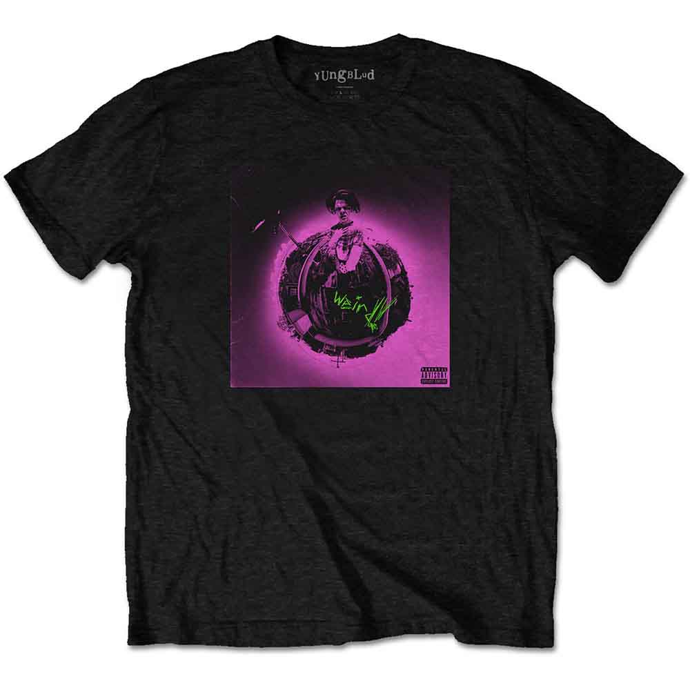 Black t-shirt with a pink and green circular album art design.