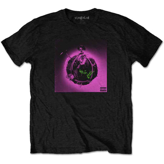 Black t-shirt with a pink and green circular album art design.
