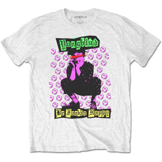 White t-shirt with a graphic of a cartoon character in a hat.