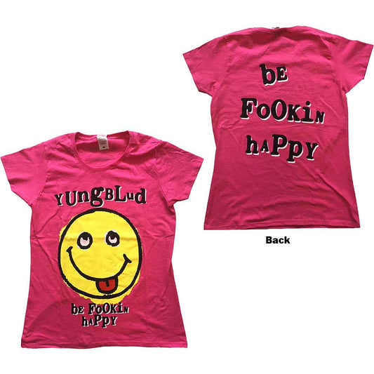 Pink Yungblud t-shirt with a yellow smiley face graphic.