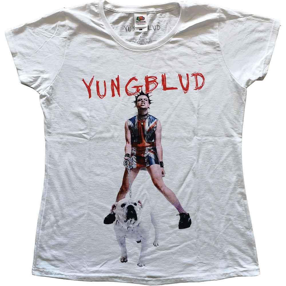 Woman wearing a white Yungblud t-shirt with a yellow smiley face graphic.