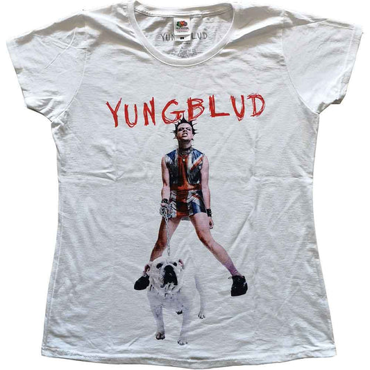 Woman wearing a white Yungblud t-shirt with a yellow smiley face graphic.
