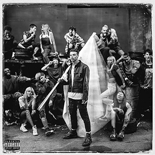 Black and white album cover featuring YUNGBLUD with a group of people.
