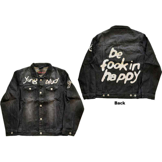 Denim jacket with "Be Fooking Happy" printed on back and sleeves, size XX-Large.