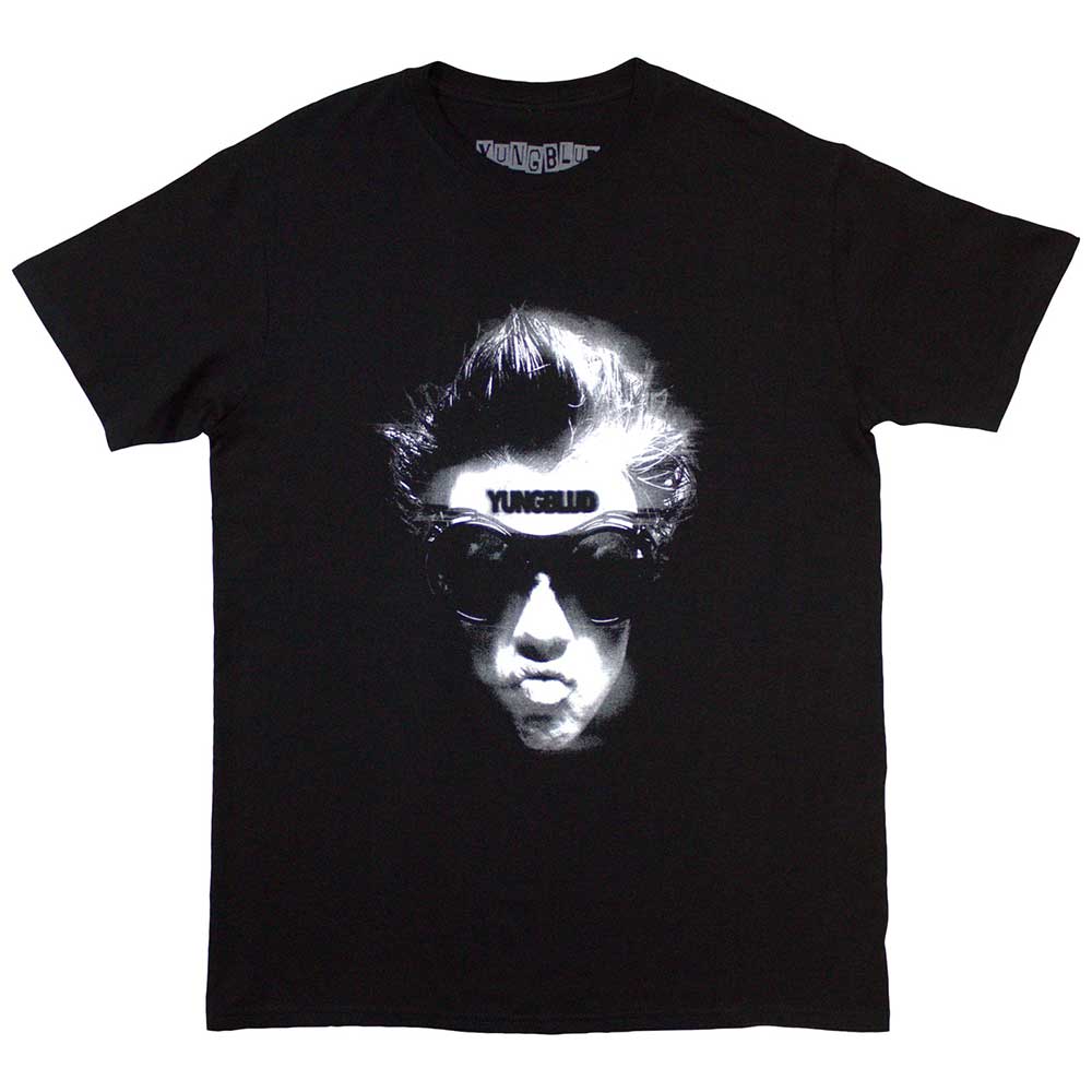 Black t-shirt with a white graphic of Yungblud wearing goggles.