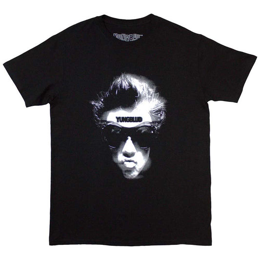 Black t-shirt with a white graphic of Yungblud wearing goggles.