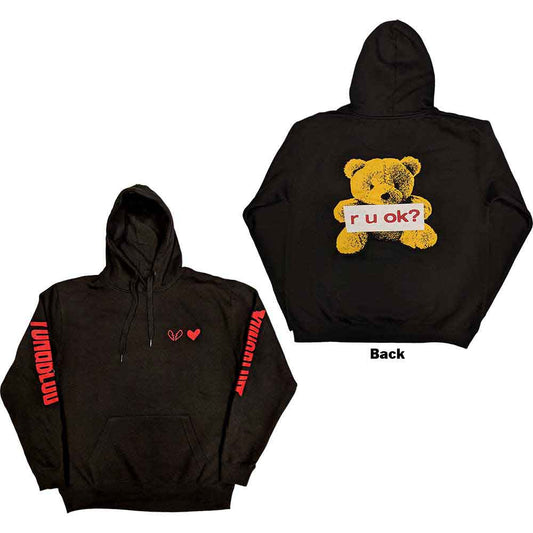 Black unisex pullover hoodie featuring a graphic print on the back with R-U-OK text.