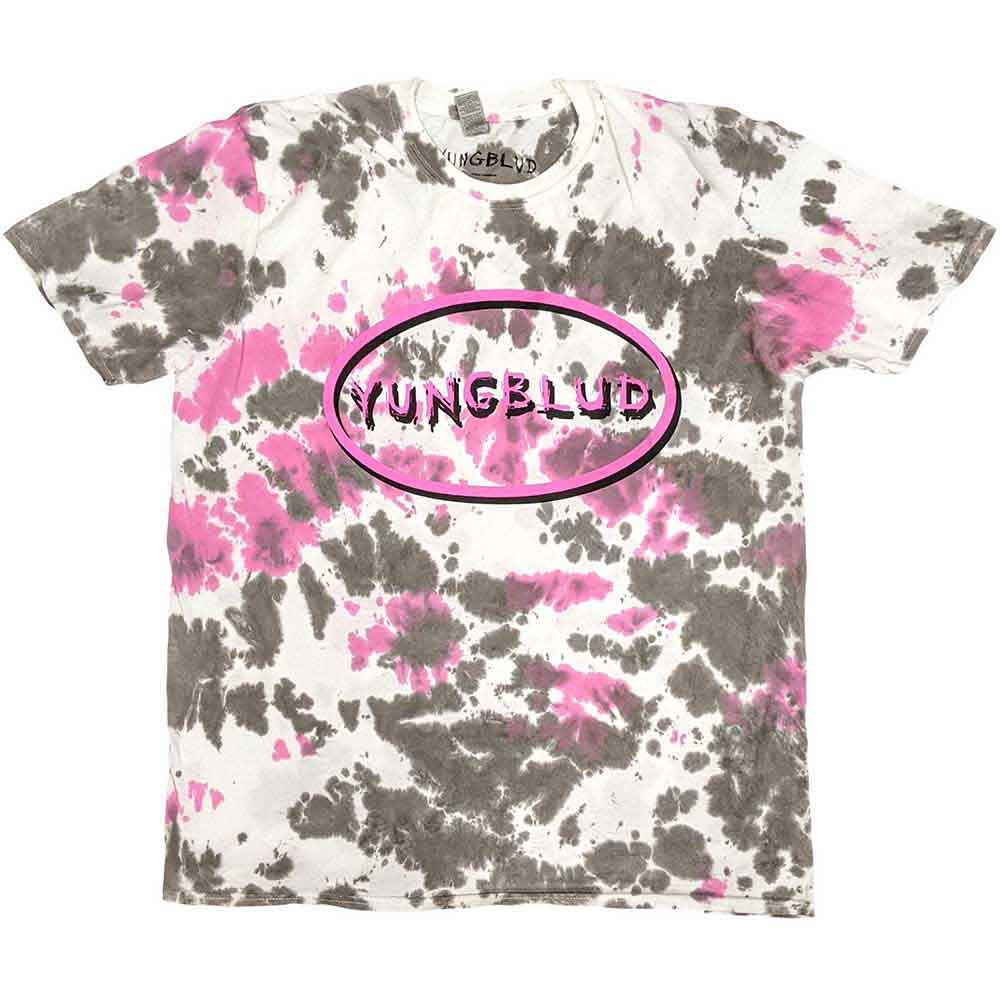 Woman wearing a dip-dye Yungblud t-shirt with oval logo.