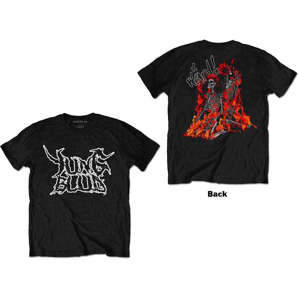 Black unisex t-shirt with a large back print of weird, flaming skeletons.