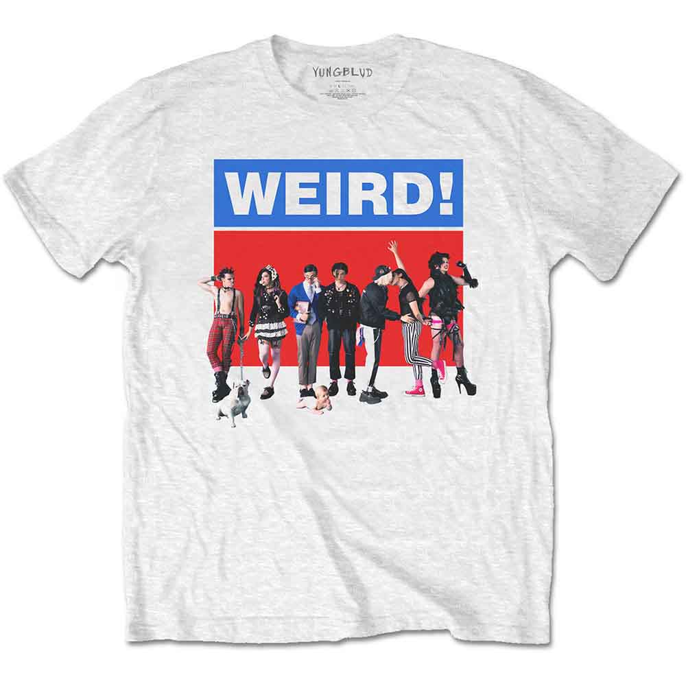 White Yungblud t-shirt with "WEIRD!" graphic and illustrated figures.