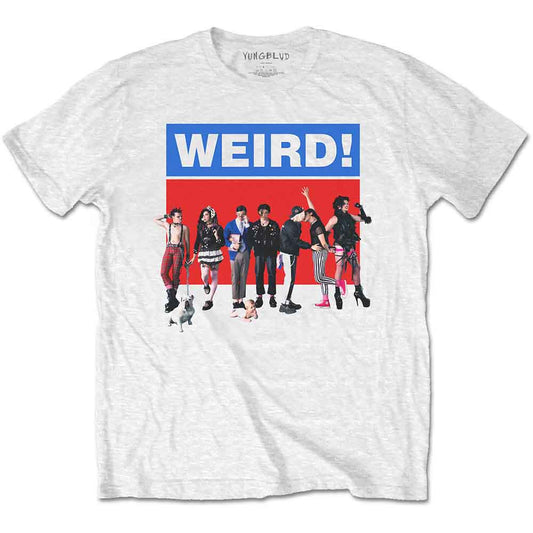 White Yungblud t-shirt with "WEIRD!" graphic and illustrated figures.