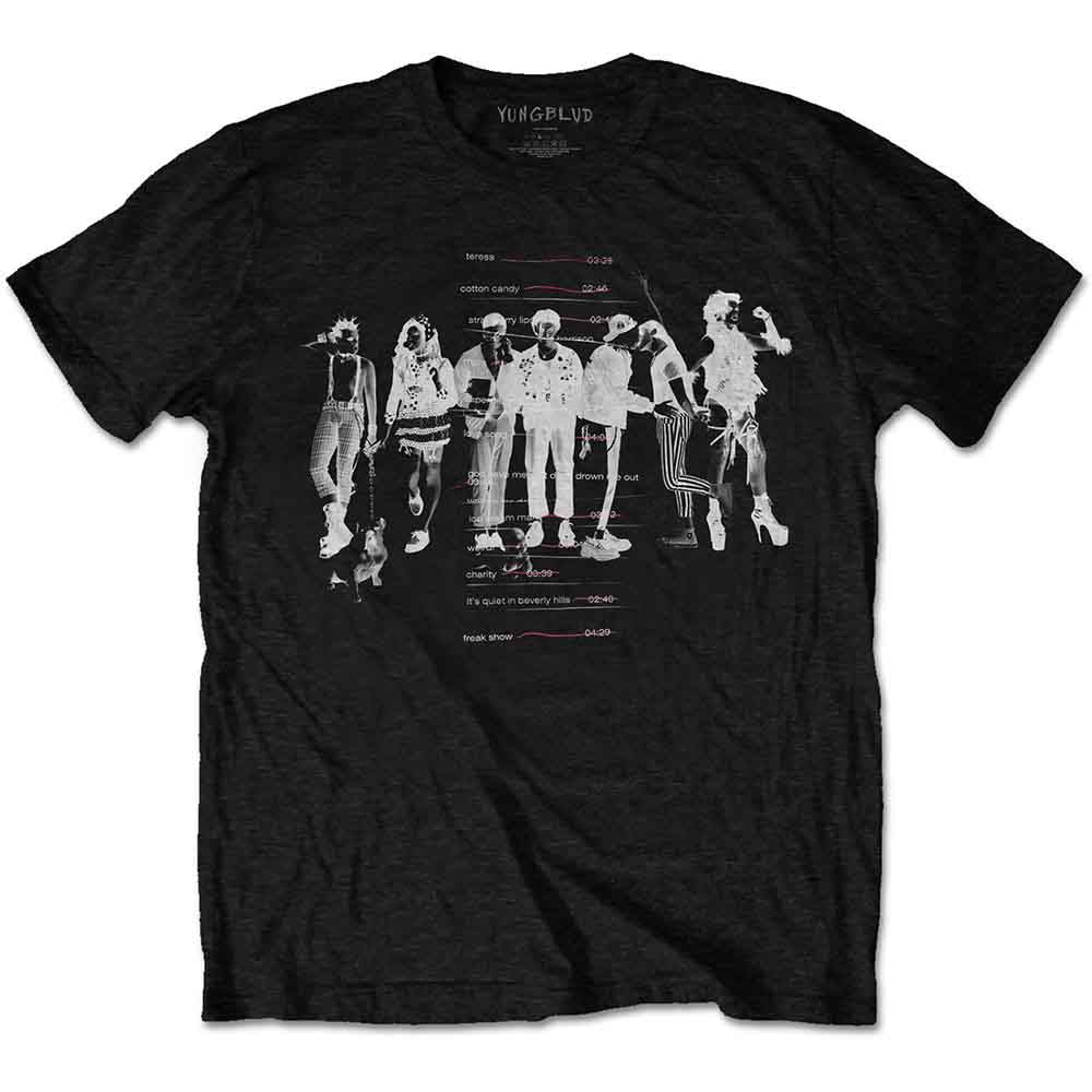 Black Yungblud t-shirt with white tracklist graphic on front.