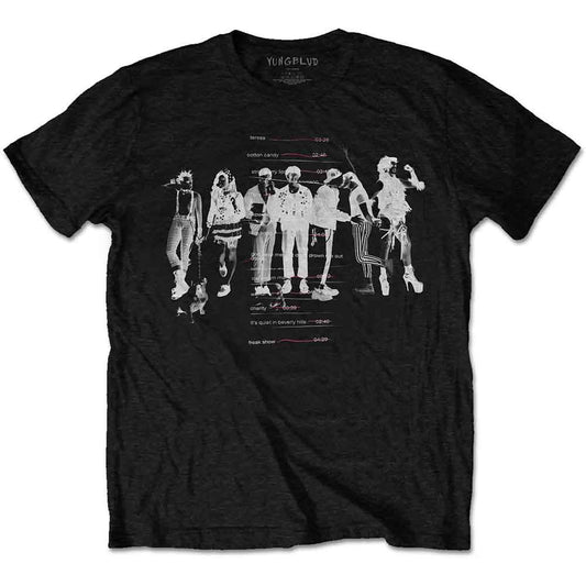 Black Yungblud t-shirt with white tracklist graphic on front.
