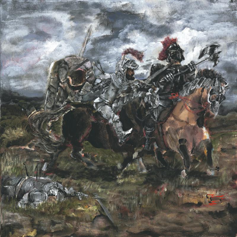 Painted CD cover depicting armored knights on horseback in a battle scene.