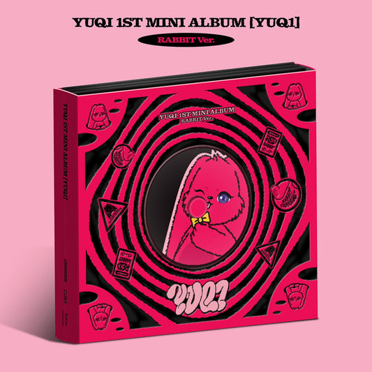 Yuqi 1st mini album Yuq1 Rabbit version CD case with pink and black graphics.