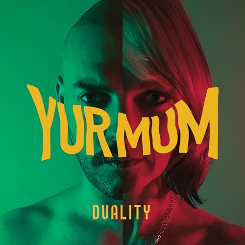 Split-face portrait with bold yellow “YUR MUM” text, album cover art.
