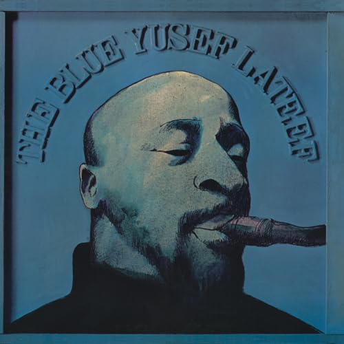 Blue-toned portrait of Yusef Lateef playing a saxophone, with the artist's name arched above.