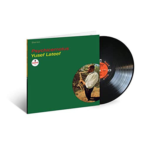 Yusef Lateef’s “Psychicemotus” vinyl record with green cover and saxophone portrait.
