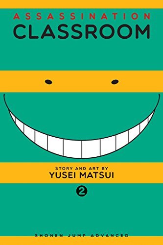 Assassination Classroom Volume 2 manga cover featuring a large smiling face on striped background.