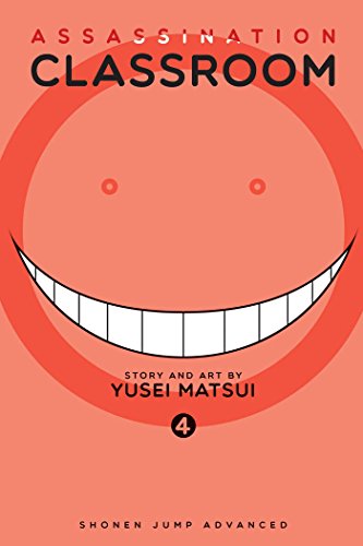 Assassination Classroom volume 4 book cover with a large smiling face on orange background.
