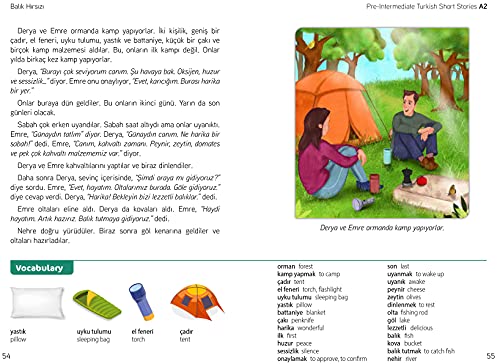 Book page with Turkish text, illustration of two people camping, and vocabulary.