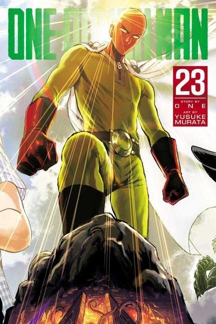 Saitama stands heroically atop a rocky peak on the One-Punch Man volume 23 cover.