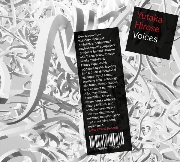 Album cover for Yutaka Hirose Voices featuring abstract white shapes and black text panels.