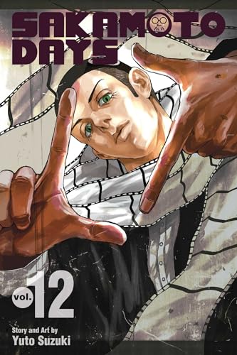 Sakamoto Days volume 12 manga cover featuring a character framing a shot with hands.