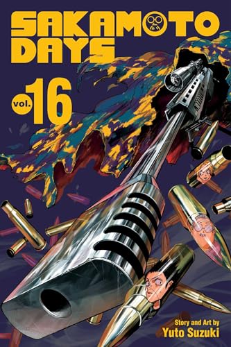 Sakamoto Days volume 16 manga cover featuring a large sniper rifle and falling bullet casings.