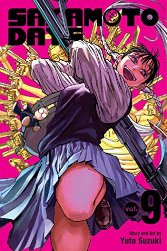 Manga cover featuring a smiling girl holding a large weapon against a pink background.