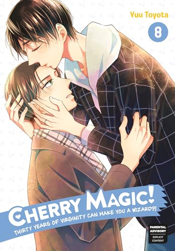 Two men embracing, manga volume 8 cover, “Cherry Magic!” title visible.