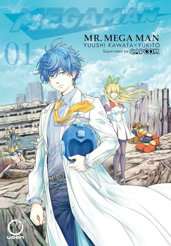 Manga cover featuring a blue-haired man in a lab coat holding a blue helmet.