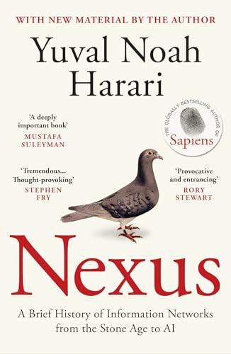 Book cover: "Nexus" by Yuval Noah Harari, featuring a pigeon illustration.