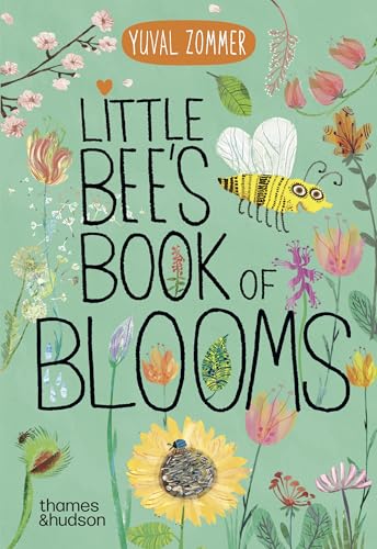 Book cover with a bee, colorful flowers, and text on a light green background.