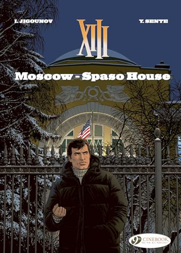 Comic book cover: man in front of Spaso House, Moscow, winter scene.