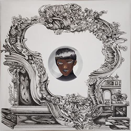 Black and white illustration of a person within ornate, swirling frames.