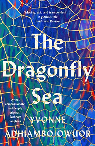 Book cover with white text over a blue and gold dragonfly wing pattern.