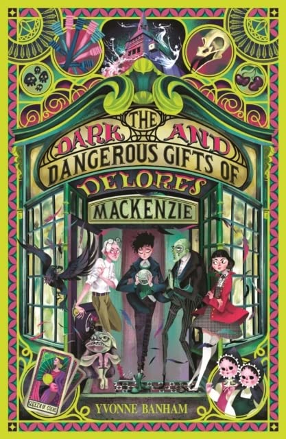 Book cover illustration featuring four mysterious characters standing in a doorway with magical elements.