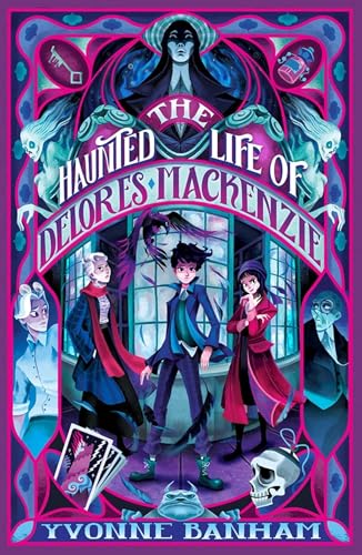 Book cover: haunted house, figures, and spectral shapes in blue and purple.