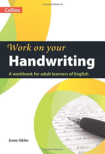 Collins handwriting workbook for adult English learners, with pen and paper.