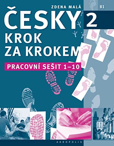 Czech language workbook cover with footprints and hands writing, lessons 1-10.