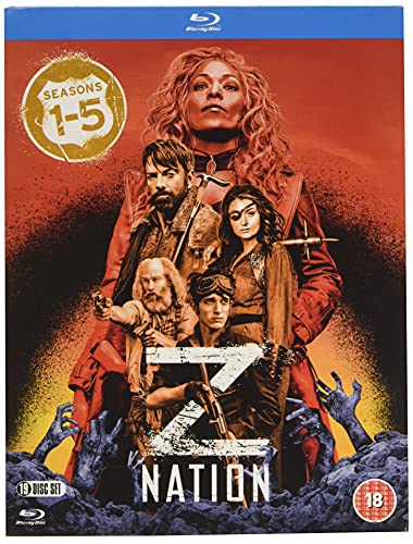 Z Nation seasons 1-5 Blu-ray box set cover featuring cast members and zombies.