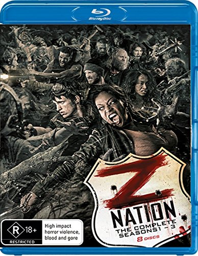 Blu-ray case for Z Nation seasons 1-3 featuring a cast of characters amidst zombies.